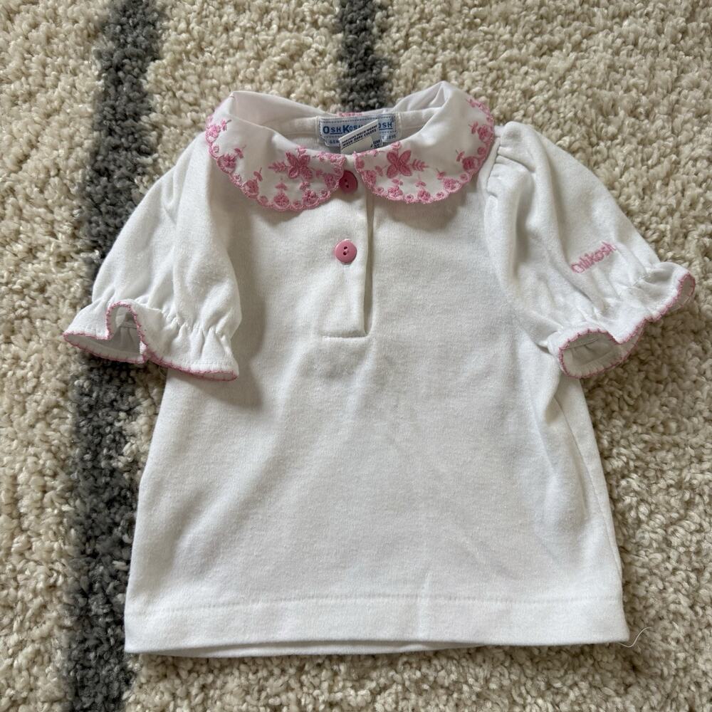Vtg 90s OshKosh White Pink Collar Baby Girl Shirt Size 6-9 Months Embroidered